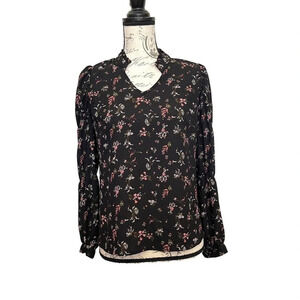 A Love Story Floral Blouse‎ Women Small Black Pink Ruffle Neck Cottagecore Chic
